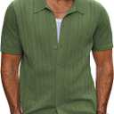 PJ PAUL JONES Mens Knit Button Down Shirts Vintage Short Sleeve Casual Polo Shirt Regular Fit Beach Top, Army Green, Medium