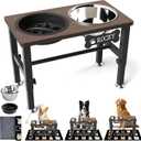 SHAINFUN Elevated Dog Bowls with Slow Feeder & Mat for Medium Large Dogs, Adjustable Height, Raised Dog Bowl Stand with 2 Stainless Steel 58oz Bowls, Tall Dogs Food Water Bowl Wooden & Metal Holder