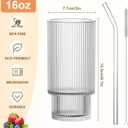 16OZ Ribbed Glass Cups with Lids and Straws,Iced Coffee Cups with Bamboo Lid,Vintage Glassware for Whiskey Cocktail Beer Fruit Juice Glasses Tumbler(2 Pack)
