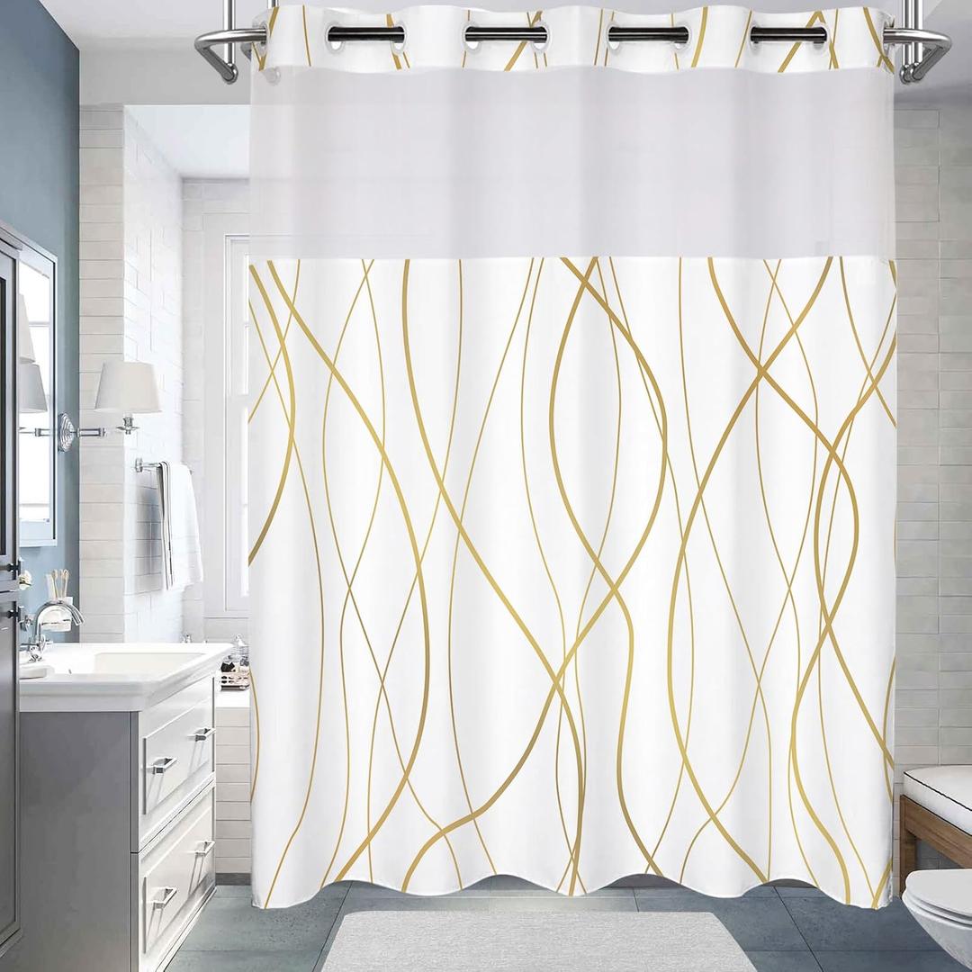 No Hook Shower Curtain with Snap in Liner Set, Grey Striped Geometric Shower Curtains for Bathroom Hotel 71x74 Inch Gold