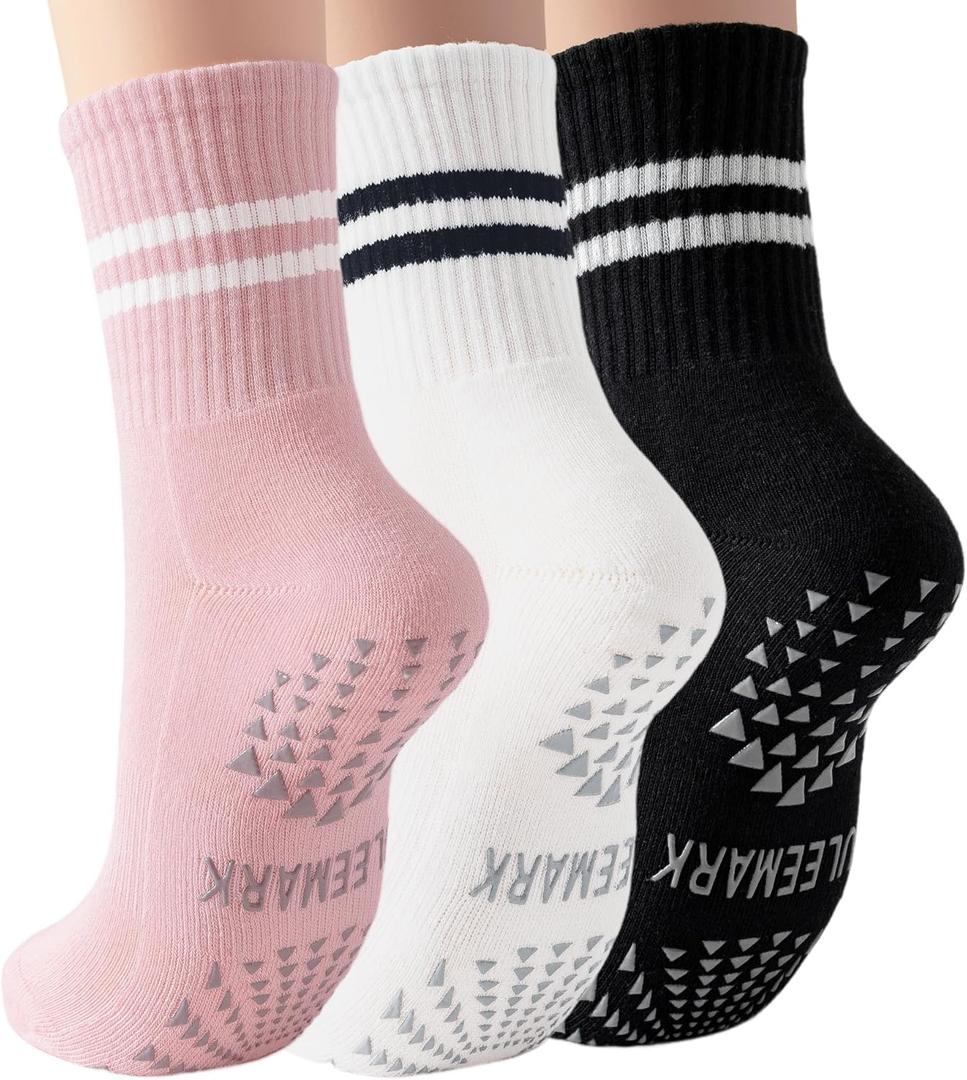 2 x ULEEMARK Womens Pilates Non slip Yoga Socks Dance Gym Exercise Ankle Socks (One Size, 3 Pack Black White Pink)