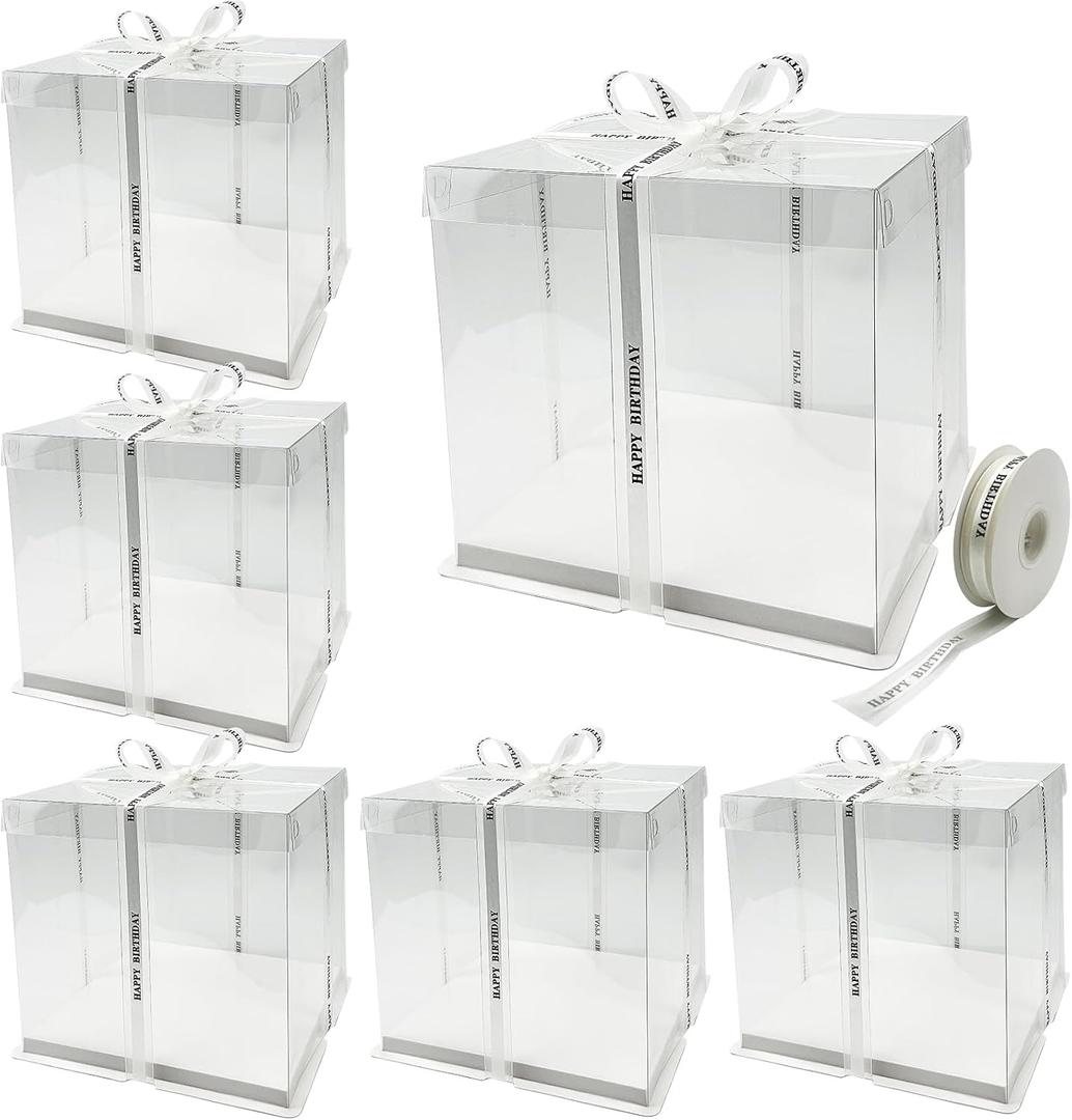 6 Pack Clear Cake Box with Ribbon - 10 x 10 x 9.75 Inch Tall PET Cake Carrier Boxes 2-Layer Transparent Gift Packaging Box with Lid for Wedding, Birthday, Festival Cakes Display and Transport