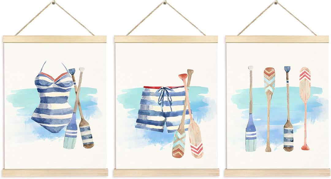 BESERH Coastal Nautical Wall Art Poster Hanger Frame 12x16 Inch Set of 3,Swimsuit Paddle Summer Beach Posters for Bedroom Decor, Navy Blue Beachy Canvas Pictures Prints Framed Wall Decor for home