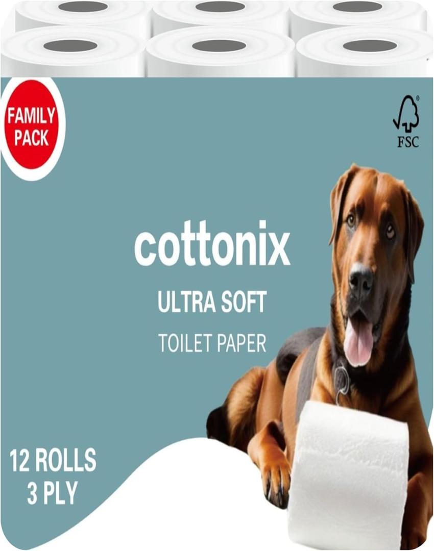 Cottonix Ultra Soft 3-Ply Toilet Paper  12 Rolls, 200 Sheets Each, Made with Natural Virgin Wood Pulp