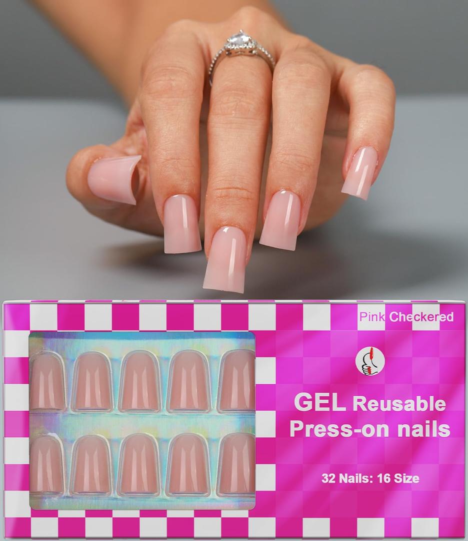 Anyos 16 Sizes Short Duck Press on Nails,Soft Gel Fake Nails Glossy 32pcs with Nail Glue (Nude)
