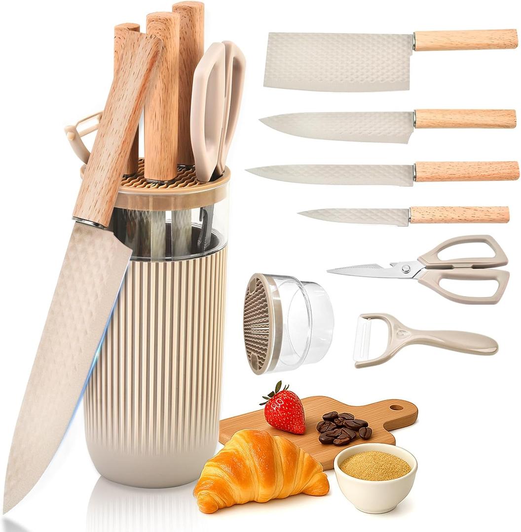 Knife Set, 7-Piece Kitchen Knife Set with Sharp Chef and Meat Knives, Anti-Rust Utility Knives Set for Kitchen, Kitchen Knife Block Set Khaki
