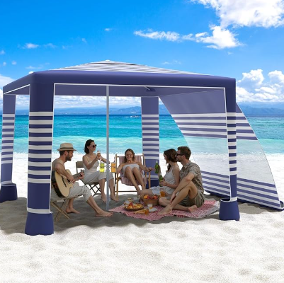 MoKo Beach Cabana, 8'×8' Large Beach Canopy with Side Wall, UPF 50+ Protection Easy Setup Beach Tent Sun Shelter, Adjustable Height Wind Resistant Cabana Beach Tent for Whole Family, Navy Stripes
