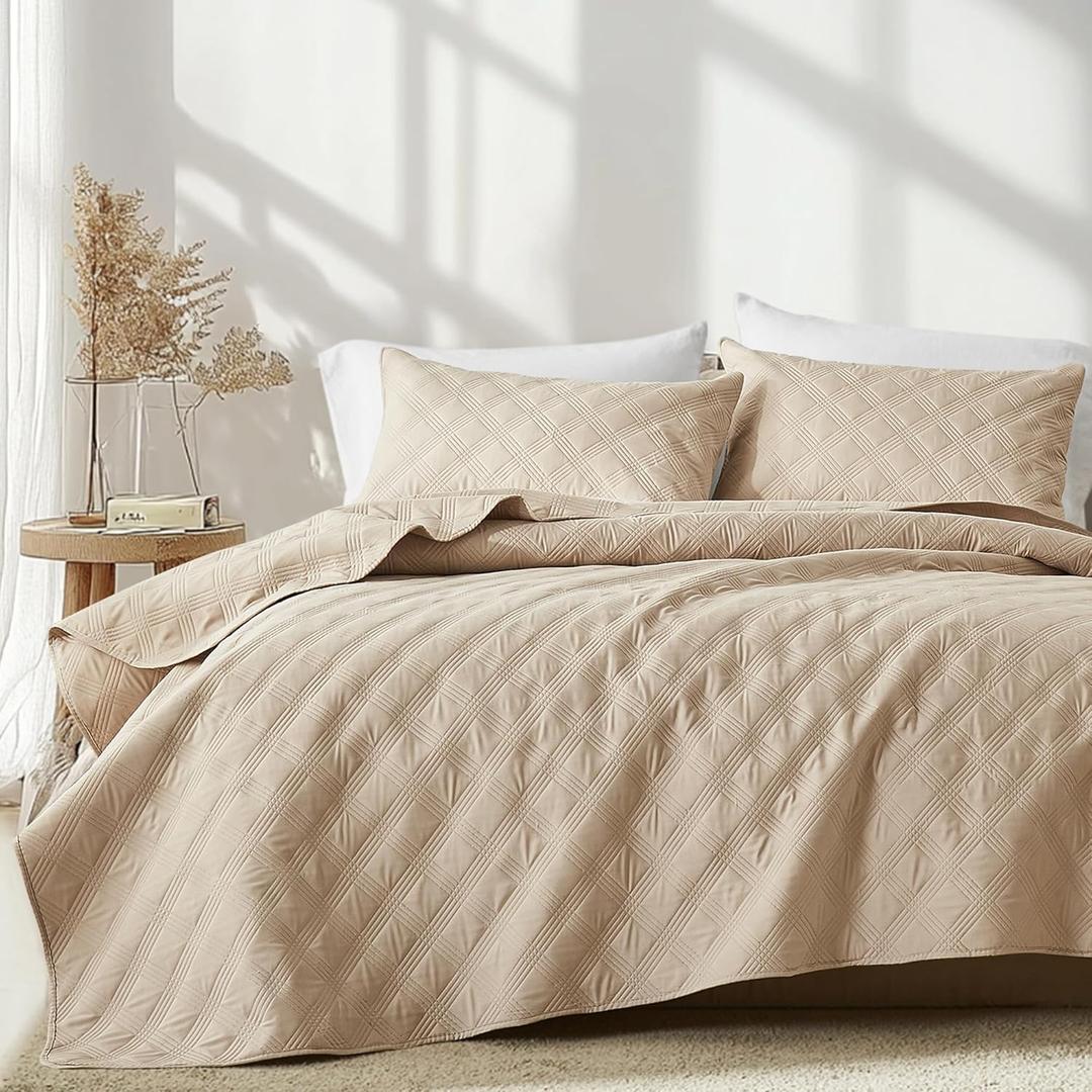 inron Quilt Set Twin Size, Beige Microfiber Ultrasonic Bedspreads, Lightweight Breathable Coverlet, Modern Geometric Pattern Thin Bedding Set for All Season (1 Quilt, 1 Pillow Sham) (Twin(68"x88"))