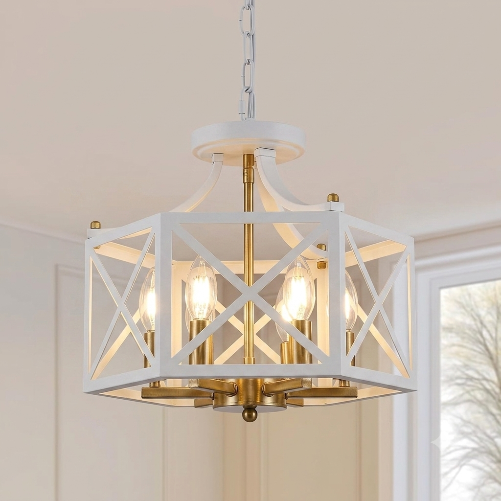 ZSDHXi 6-Light Antique White Pendant Light, Modern Farmhouse Chandeliers for Dining Room, Adjustable Hexagonal Metal Hanging Light, Vintage Geometric Pendant Lighting for Kitchen Island Entryway Foyer, White
