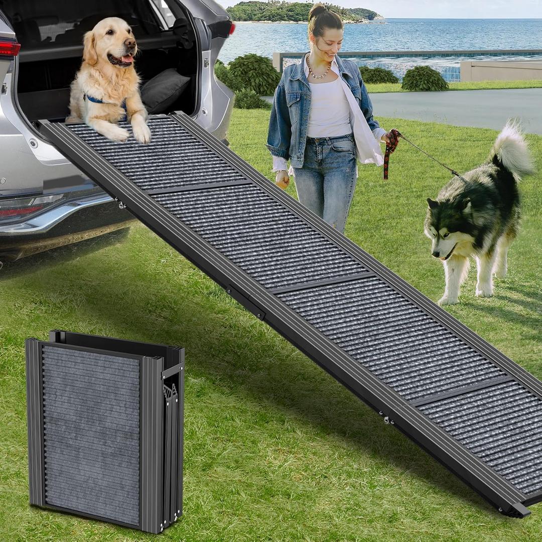 Extra Wide & Long Dog Car Ramp, 71" L x 17.2" W, Aluminum, Black, Up to 270 LBS, Foldable, Non-Slip Rug Surface, Portable Pet Stair Ramp for Car, SUV & Truck, Outdoor