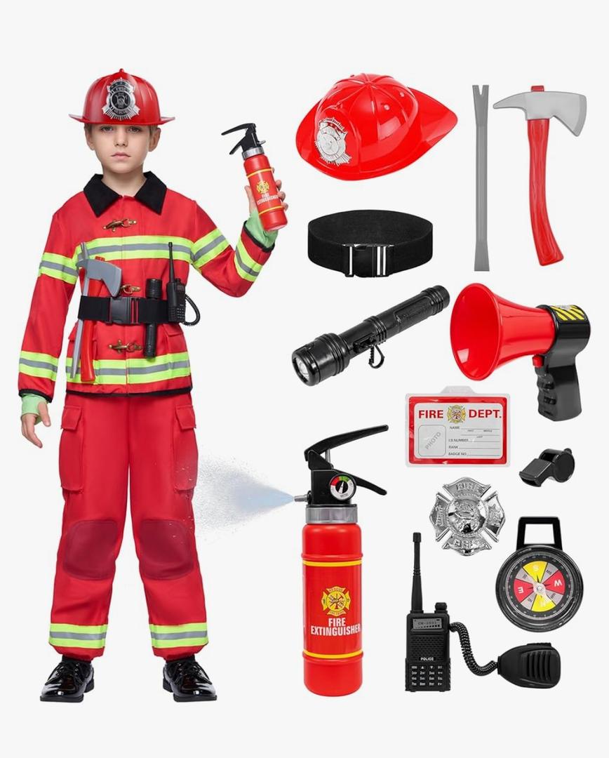 Spooktacular Creations Halloween 14PCS Firefighter Costume for Kids, Boys Fireman Costume with Toys Set for Toddler RolePlay, 3T