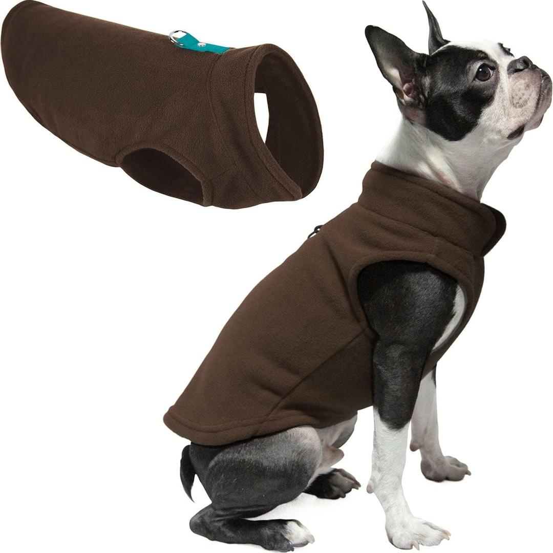 Gooby Fleece Vest Dog Sweater - Brown/Turquoise, Medium - Warm Pullover Fleece Dog Jacket with O-Ring Leash for Medium Dogs