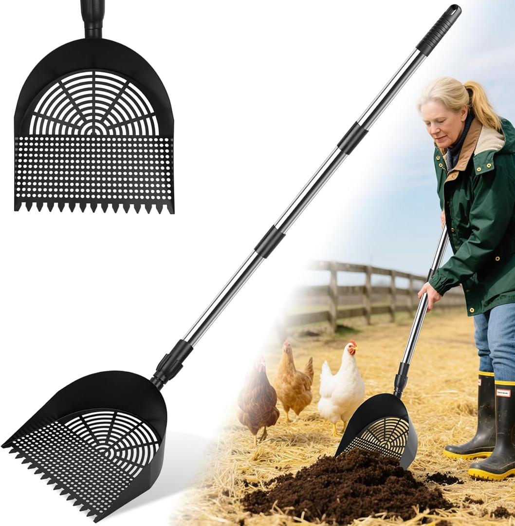 3-In-1 Adjustable Length (20" to 64") Chicken Coop Scoop, Different Porosities for Efficient Screening Chicken Poop Scooper, Anti-Clogging Multifunctional Coop Scooper for Sand, Powder-Coated Rake Head