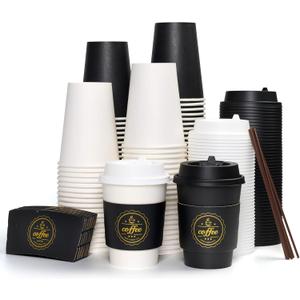 JOLLY CHEF 100 Pack 12 oz Disposable Coffee Cups Hot Beverage Paper Coffee Cups with Lids, Sleeves and Stirrers (Black and White)