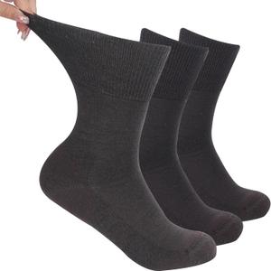 Facool Diabetic Socks for Men Women, Merino Wool Non-Binding Top Crew Socks with Cushion Sole, Seamless Toe 3 Pairs (Medium, Brown X 3)