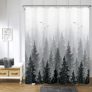 Hokibero Black and White Forest Bathroom Shower Curtain Set Mountain Nature Tree Plant Black and Gray Waffle Fabric Bath Curtains Hotels, 72x72 inch