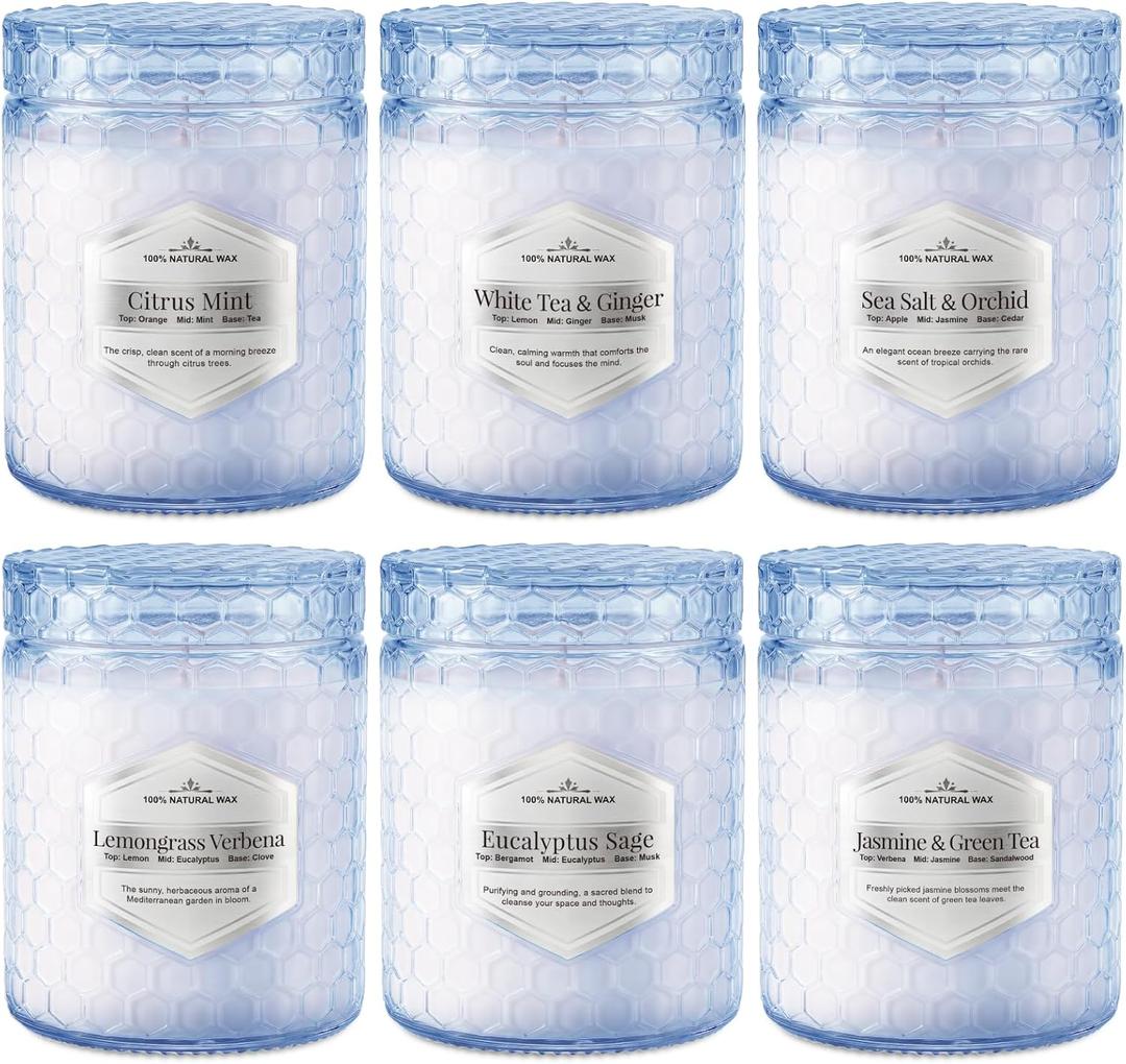 Lake Blue Candles for Home Scented, 6 Pack of 5.5 Oz Natural Soy Wax Candles in Decorative Glass, Home Aromatherapy Gifts Sets for Women Birthday Christmas Refresh & Relaxation