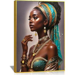 DRLWGTY Framed Elegant Black Woman Wall Art Modern Portrait Painting with Hand-Applied Gemstone Details, Large Canvas Artwork for Bedroom Living Room,Ready to Hang, 36"L x 24"W