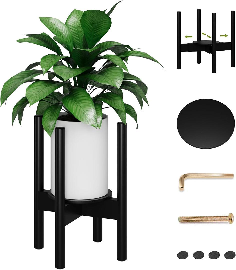 Adjustable Bamboo Plant Stand Indoor with Tray, Wood Plant Stand for 8 to 12 inches Flower Pots, Single Mid Century Modern Plant Holder for Indoor, Black
