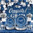 2026 Graduation Decorations - 245 PCS Grad Disposable Dinnerware(Serve 25) & Graduation Party Supplies With Congrats Paper Plate Cup Napkin Tablecloth Backdrop Balloon Kit - Navy Blue Sliver