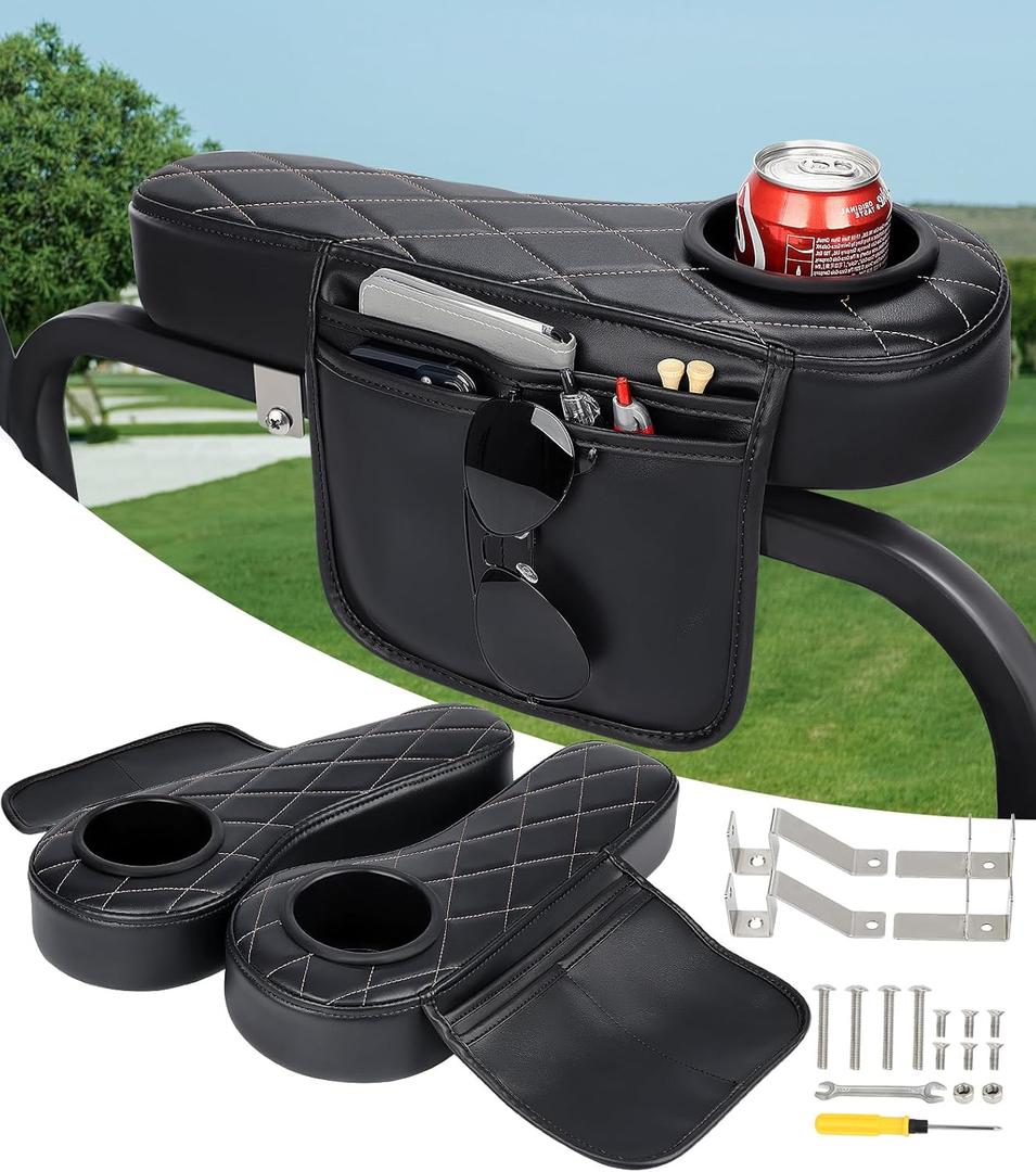 Golf Cart Armrest with Cup Holder & Rear Seat Organizer, No Drilling Golf Cart Diamond Arm Rest Fits 1" Square Tube Frame Compatible with EZGO Club Car Yamaha, Enhanced Storage & Comfort