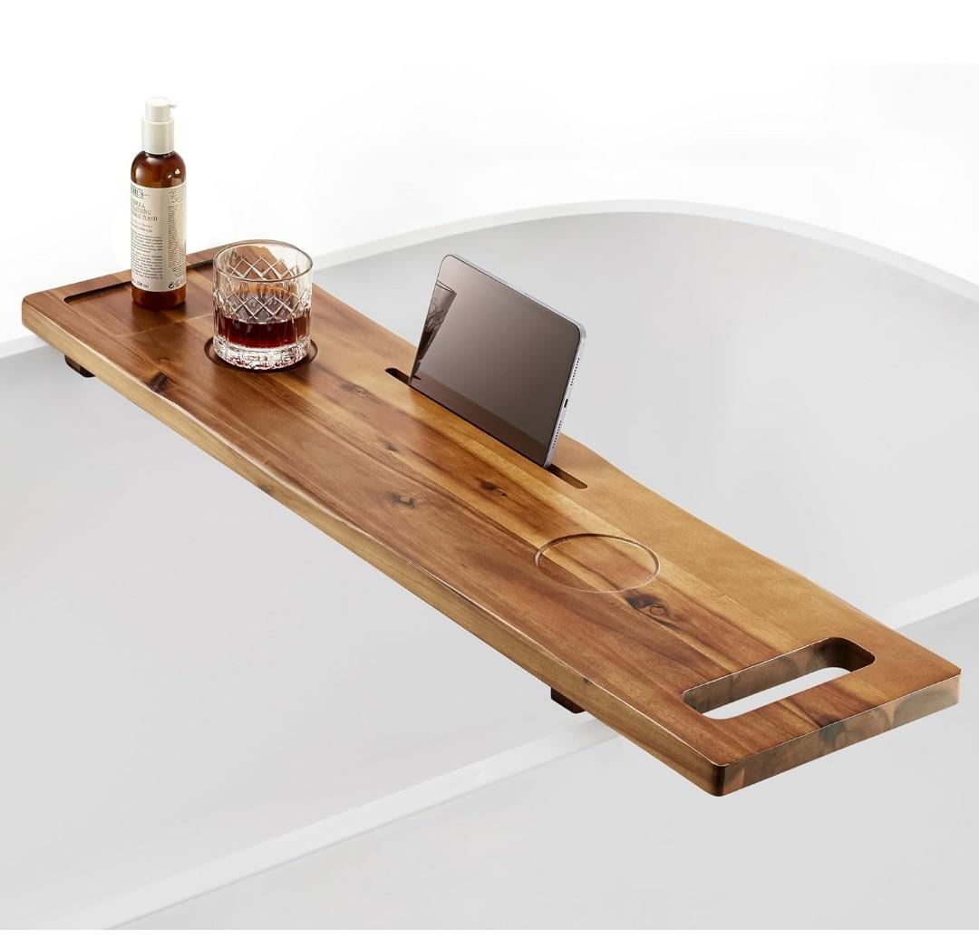 Tinamo Acacia Bathtub Caddy Tray Table | 39 x 9.75 x 2.5 Inch Large Bath Tub Tray Wooden | Anti-Tipping, Sustainable Tub Tray for Bathtub | Bathtub Accessories Holders for Bathtub (Acacia, 39x9.75)
