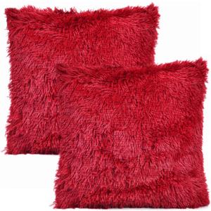 YOUR SMILE Pack of 2, Christmas Decorative New Luxury Series Merino Style Faux Fur Throw Pillow Case Cushion Cover 18" x 18"(Burgundy Red)