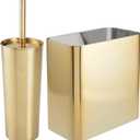 mDesign Modern Compact Freestanding MetalToilet Bowl Brush and Rectangle Open Wastebasket Garbage Can Combo Set for Bathroom Storage - Sturdy, Deep Cleaning - Brass