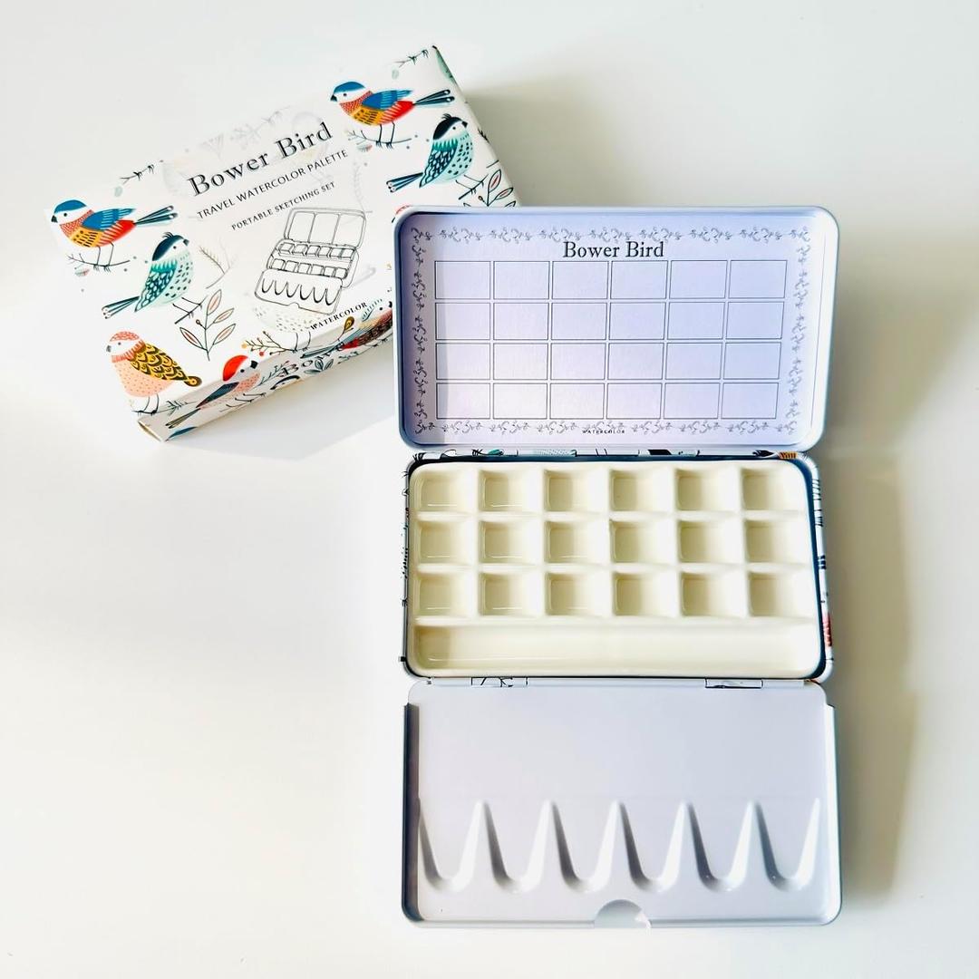 Bower Bird Travel Watercolor Palette,Portable Ceramic Palette,Empty Paint Palette,Small Travel Metal Paint Boxwith Porcelain Palette (18Well)