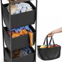 Moforoco Vertical Laundry Sorter 3 Section with Shelf, Laundry Hamper with Removable Bag, 120 L Laundry Baskets Organizer for Bathroom, Apartment, Dorm Room, Black