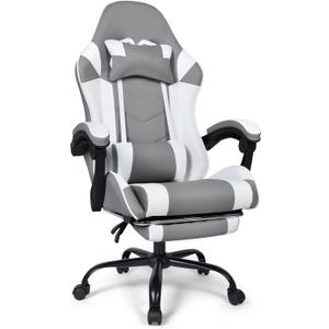 FAB&DELUXE Gaming Chair, Ergonomic Computer Office Chair with Footrest and Lumbar Support, Height Adjustable Desk Chair with 360 Swivel Seat and Headrest, Grey & White