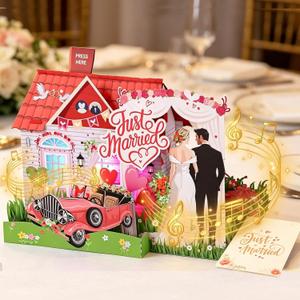 Yinqing Wedding Card Mr. & Mrs. for Bride and Groom, With Light and Music | 3D Pop Up Romantic House Wedding Card for Engagement, Bridal Shower, Newlyweds, Wedding Congratulations, 5x7 inches