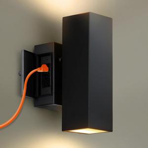 SHIMR Porch Light with GFCI Outlet, Outdoor Wall Lights with Dusk to Dawn Sensor, Black Exterior Lighting Fixture Wall Mount with E26 Base, Outdoor Wall Sconce Up Down Lights for House Garage Doorway (1 Pack, Black Style 1)