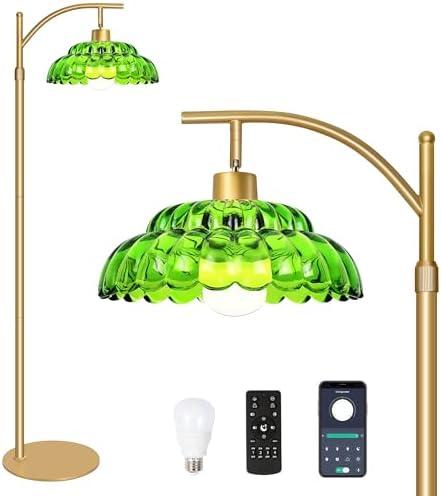 Gold Floor Lamps for Living Room, Modern Standing Lamp for Bedroom, Mid Century Dimmable Tall Lamp with Green Glass Shade＆Remote, 12W LED Bulb Included