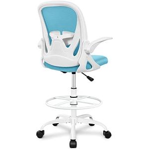 Primy Drafting Chair Tall Office Chair with Flip-up Armrests Executive Ergonomic Computer Standing Desk Chair with Lumbar Support and Adjustable Footrest Ring（Blue）