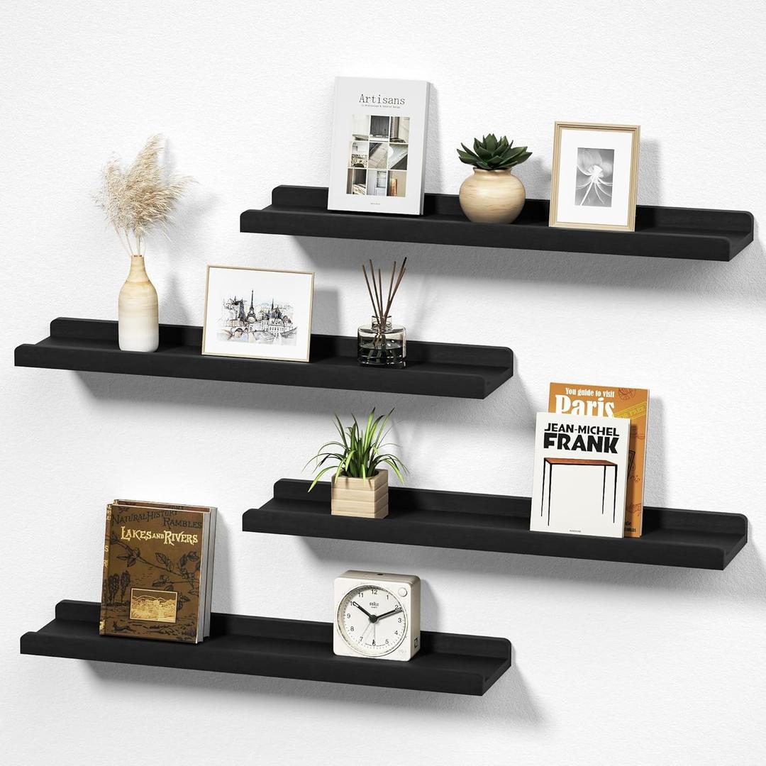 Love-KANKEI Black Long Floating Shelves for Wall 24 Inch Set of 4, Rustic Wall Shelves with Lip,Wood Hanging Shelves for Bedroom Bathroom Living Room Kitchen Nursery Display