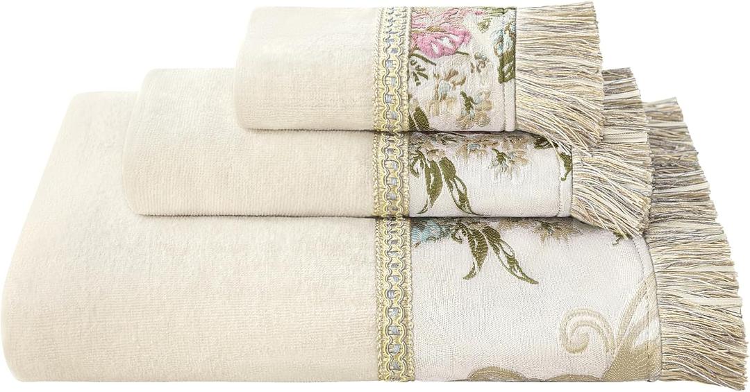 Loom and Mill Luxury Cotton Bath Towel Set 3 Piece-1 Bath Towel 1 Hand Towel 1 Wash Cloth, Ultra Soft Decorative Towel Sets Highly Absorbent for Bathroom, Elegant Floral Design(Ivory-Pearly Beige)