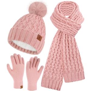 Womens Winter Beanie Hat Touchscreen Gloves Long Neck Scarf Set Warm Knit Caps with Pom Fleece Gifts for Women (One Size, Pink)