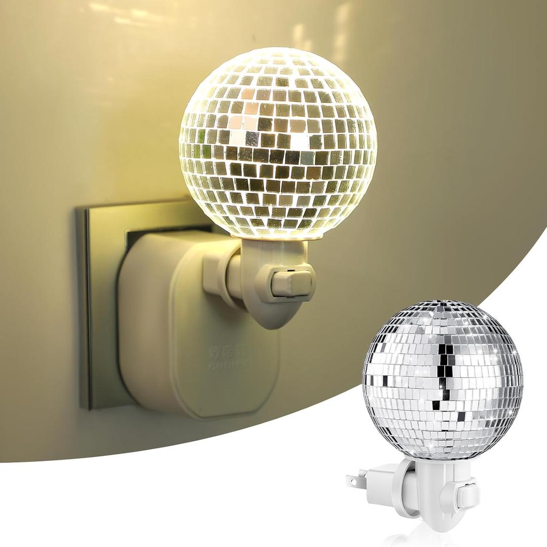 Rossesay Disco Ball Night Light Plug into Wall, Silver Mirror Night Lamp for Party Decoration Funny LED Bedside Nightlight for Bedroom Bathroom Dorm Hallway