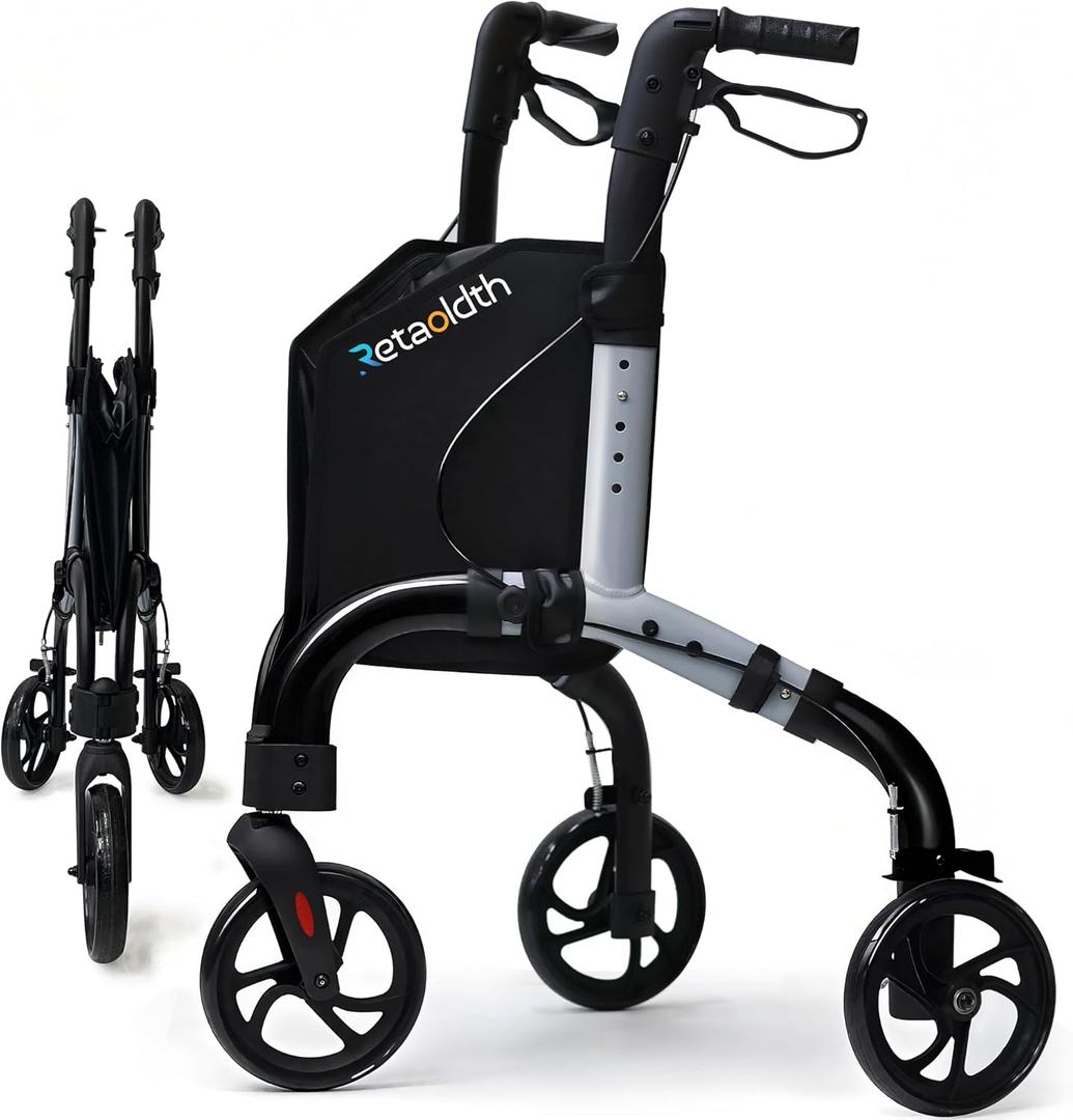 Premium 3 Wheel Rollator Walker for Seniors, Lightweight Foldable Elderly Three Wheeled Rollator with Storage Bag, Aluminum Mobility Aid Rolling Walker (Gray)