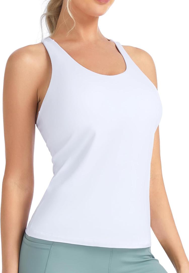 THE GYM PEOPLE Womens Longline Yoga Sports Bra Racerback Slim Fit Sleeveless Padded Workout Tank Tops Built in Bra L