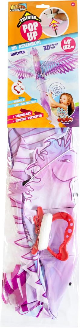 Eolo Kites Ready 2 Fly Kids’ 3D Pop-Up Kite, Unicorn, 40” Wingspan, Patented System, Assembles in Seconds, High Quality & Performance, Ripstop Construction, Sturdy Fiberglass Frame, Ages 5+