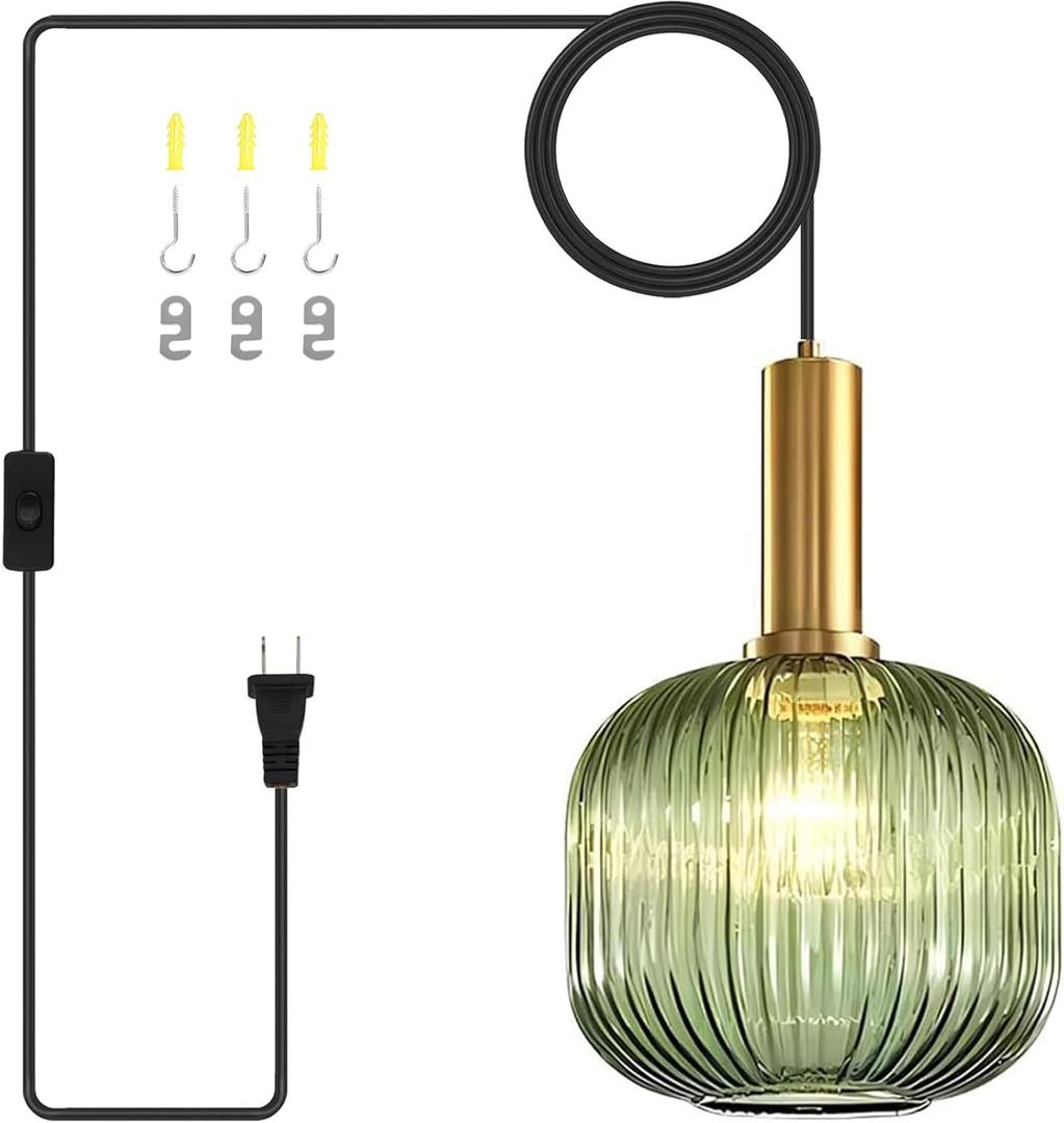 Plug in Pendant Light Green Glass Hanging Lights with Plug in Cord Vintage Gold Hanging Pendant Light Mid Century Modern Ceiling Hanging Lamp for Kitchen Island Dining Room Living Room Bedroom