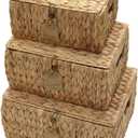 Water Hyacinth Storage Baskets with Lids Set of 3, Woven Wicker Basket with Lid for Shelves Natural Rectangular Lidded Storage Bins, Stackable Nesting Baskets, Bedroom Bathroom Closet Organizer
