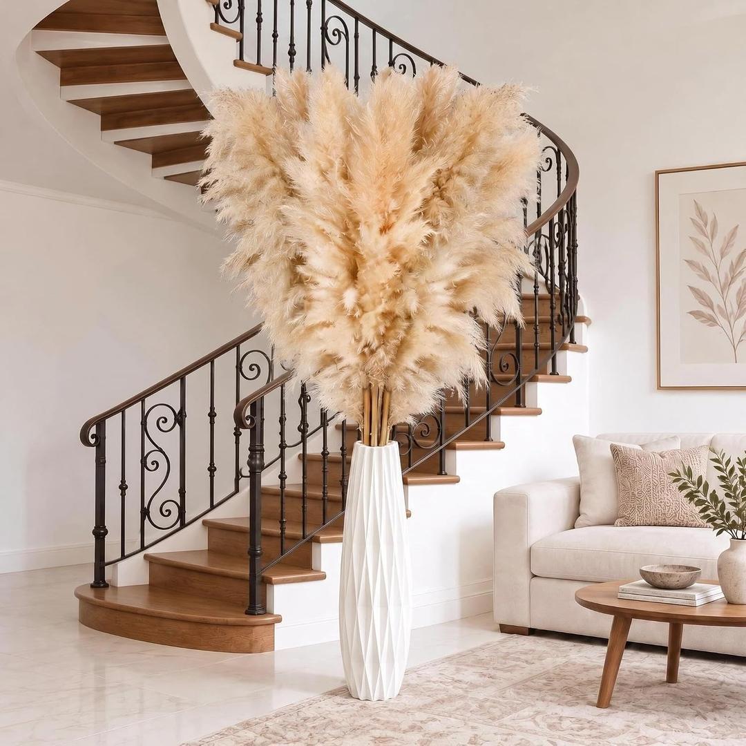 57 Inch 20 Stems Tall Pampas Grass for Floor Vase, Large Fluffy Dried Pampas Grass Decor, Beige Long Pampas Grass, Tall Vase Filler for Living Room, Wedding & Boho Home Decor
