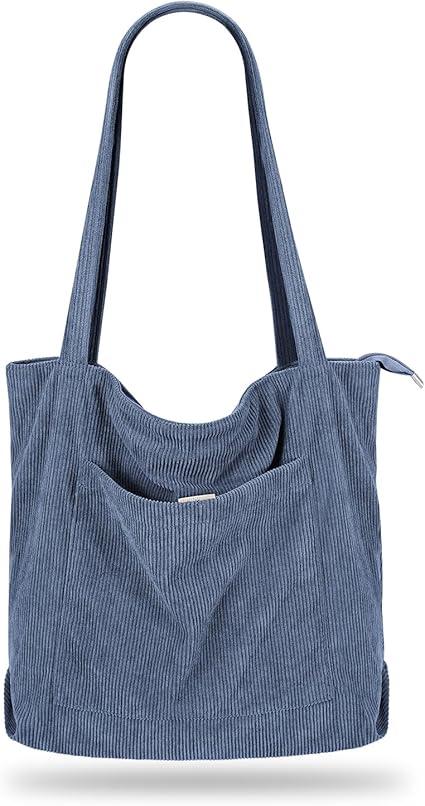 Iioscre Corduroy Tote Bag for Women,Hobo HandBags with Zipper,Large Capacity Casual Shoulder Handbags with Inner Pockets