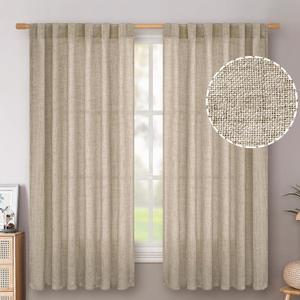 BGment Oatmeal Linen Curtains 63 Inch Length for Bedroom, Rod Pocket Neutral Semi Sheer Drapes Light Filtering Rustic Window Treatments for Living Room Country Back Tab, 2 Panels, 52 X 63 Inch