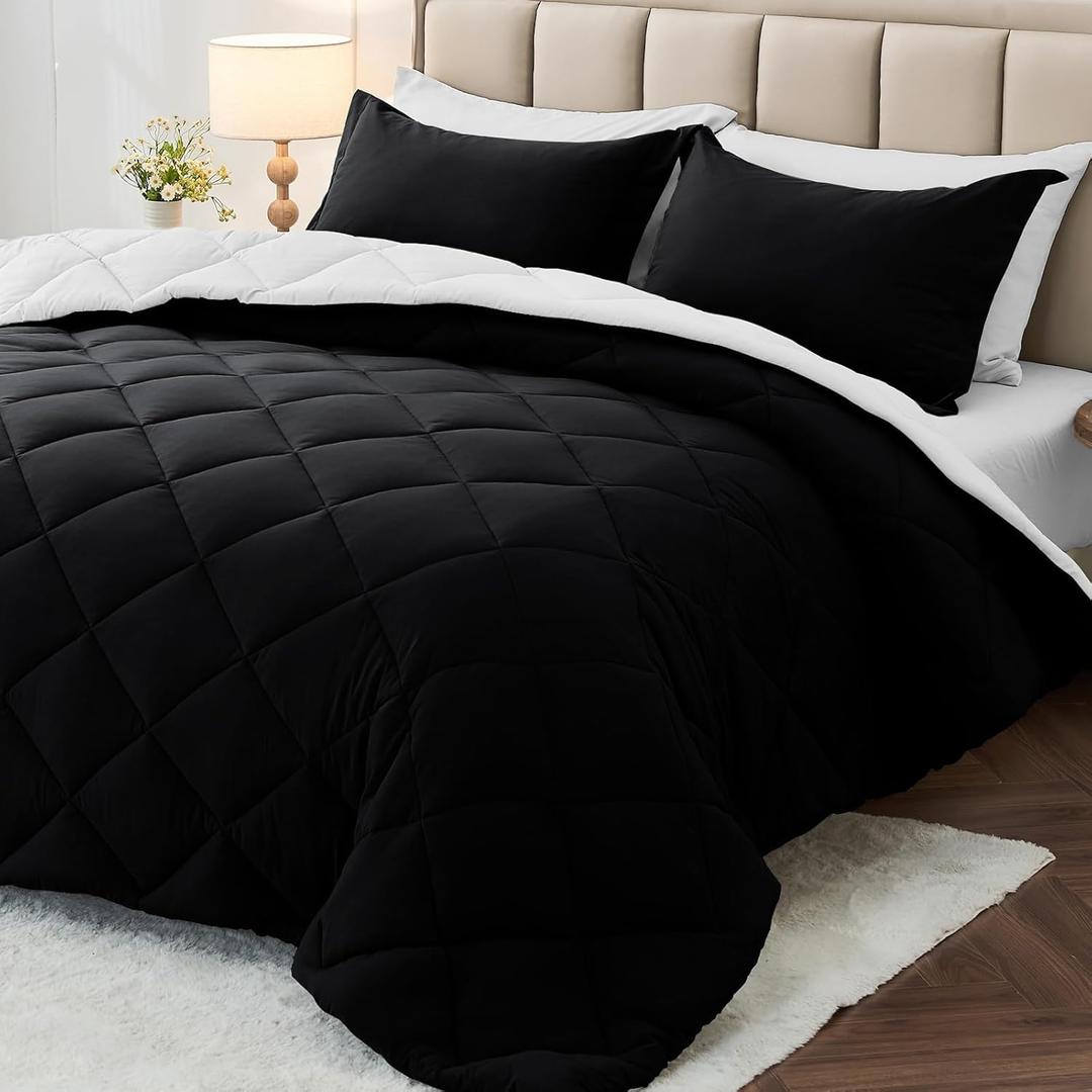MUXHOMO 7 Pieces Queen Comforter Set, Reversible Bed in a Bag Queen Size, All Season Bedding Set with Comforter, Flat Sheet, Fitted Sheet, Pillowcases & Shams, Black & White (Queen (88"x88"))