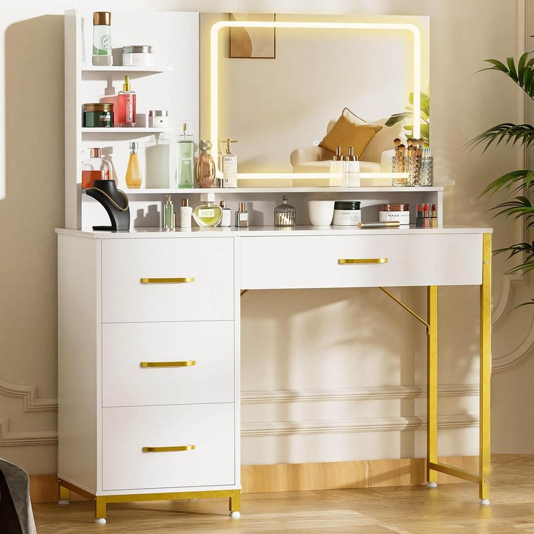 COMHOMA Vanity Desk with Mirror and Lights, Makeup Vanity Table with 4 Drawers & Storage Shelves, Large HD Mirror, 3 Color Modes & Adjustable Brightness, Modern Dressing Table for Bedroom, White