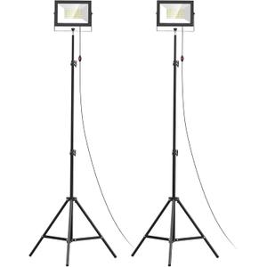 LIVOWALNY 2PCS LED Work Lights with Stand, 110W 11000 Lumens Portable Tripod Light with 13FT Cord, IP65 Waterproof Adjustable Head Tower Flood Light for Job Site Workshop Garage Construction Lighting